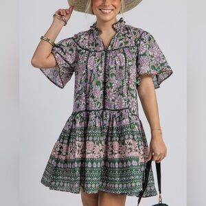 Pants Store Floral Boho Mini Dress Green Purple Ruffle Neck Short Sleeve Size S
